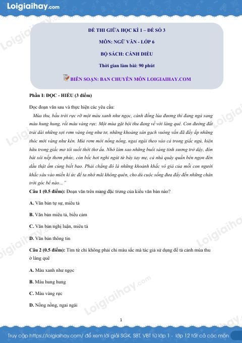 Đề thi giữa kì 1 Văn 6 Cánh diều - Đề số 3